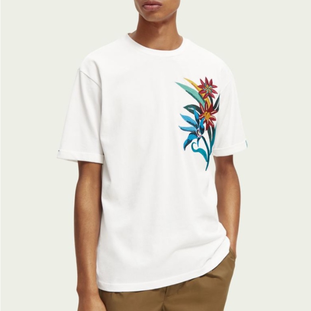 Scotch & Soda White Organic Floral Embroidered T-Shirt | Size S
